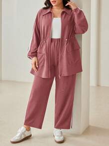 Mulvari 2pcs/Set Plus Size Contrast Binding Drawstring Waist Jacket And Pants - Dusty Pink - View 6