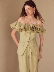 MOTF PREMIUM RUFFLE TRIM BUTTON FRONT TOP - Green - View 3