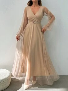 EURMUSE Dor Jacquard Sleeve Detailed Beige Long Dress For Going Out - Beige - View 4