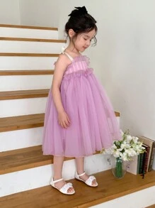 DAZY Young Girls Wide Strap Tie Waist Simple Design Dress,Girls Summer Outfits - Purple - View 6