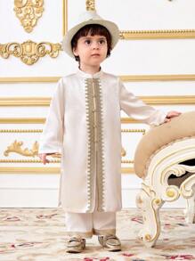 SHEIN Áo choàng dài tay dài bằng vải satin vàng sang trọng cho bé trai mùa xuân/hè, thích hợp cho tiệc sinh nhật, tiệc tối, biểu diễn, đám cưới, lễ kỷ niệm tháng, lễ rửa tội và lễ kỷ niệm sinh nhật đầu tiên - Nhiều màu - Xem 5