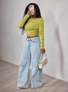 BamGleam Women's Ruched Long Sleeve Cropped Top, Casual & Vacation Wear Fall Cloth For Women - Olive Green - View 7