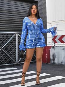 INAWLY Plus Size Fashionable Denim Print Bell Sleeve Jumpsuit - Blue - View 3
