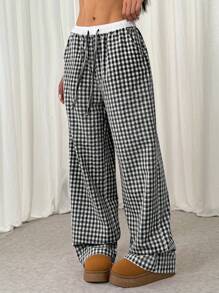 SHEIN Teen Girls' 2 In 1 Waistband Contrast Color Casual Versatile Woven Plaid Wide Leg Pants