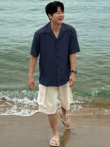 DAZY 男士纯色短袖休闲衬衫，夏季度假 - 藏蓝色 - 查看 5