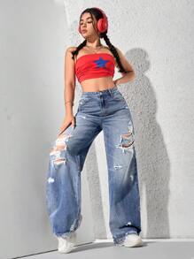 SHEIN EZwear Women's Front Button Pocket Distressed Casual Jeans - Blue - View 4