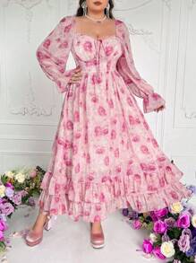 Flirla Plus Size Romantic Floral All-Over Print Long Sleeve Knotted Front Dress,Valentine - Pink - View 3