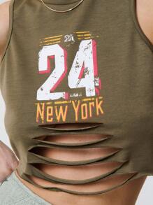 TypaGal 仿旧镂空字母印花短款背心，时尚