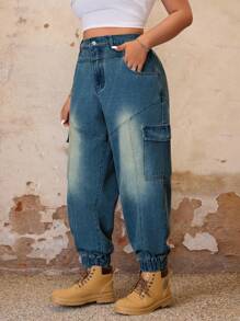 SHEIN ICON Plus Size Simple And Fashionable Casual Everyday Wear Cargo Denim Jeans - Dusty Blue - View 3