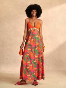 Slaydiva Bohemian Floral Pink Tropical Summer Vacation Holiday Women Dress,Nashville Western Music Festival Ditsy Floral Waist Cutout Shell Belt Tassel Decor - Multicolor - View 7