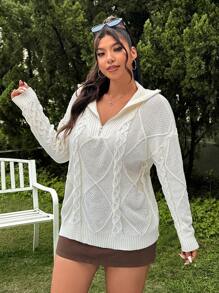 SHEIN EZwear Plus Size White Zip-Up Knitted Top, Spring - White - View 4