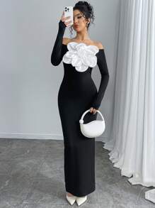 Modelyn Robe fourreau élégante avec épaules dénudées et ornements floraux pour femme