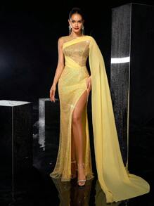 Glamrae 优雅华丽的黄色亮片剪裁雪纺飘逸修身鱼尾高开叉连衣裙，适合晚宴单身派对约会返校季舞会晚礼服、婚礼宾客礼服、正式礼服 - 黃色 - 查看 1