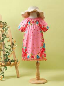 SHEIN Vestido de vacaciones de niña joven con decoración floral, colorida, con flecos y pompones - Multicolor - Ver 3