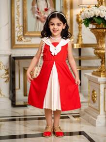 SHEIN Vestido informal suelto con cuello en V y parches de pliegues con decoración de lazo, que resalta la vitalidad juvenil, la inocencia adorable, el estilo personalizado y el entusiasmo dulce, perfecto para uso diario y fiestas, prenda esencial de primavera/verano y regalo de ropa para niñas jóvenes