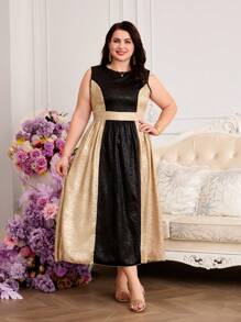 SHEIN Vestido de Veludo Preto e Dourado com Emenda de Plus Size para Mulheres, Gola Redonda, Sem Mangas, Cinto, Bainha em A, Estilo Elegante Adequado para Festa e Ocasiões, Verão (Conjuntos Combinando Mamãe e Eu, 2 Peças Vendidas Separadamente) - Vinho - Visão 4