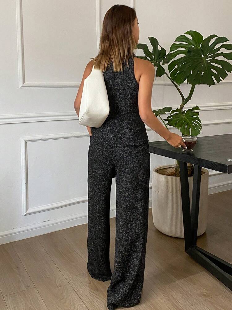 2pcs Women's Fitted Sleeveless Vest Jacket And Wide Leg Pants Elegant Vacation Summer Outfit Set