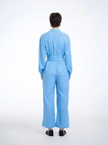 SHEIN Clasi Damen 2024 Neuer Modischer gestreifter Jumpsuit (zufällig Muster) - Blau - Übersicht 2