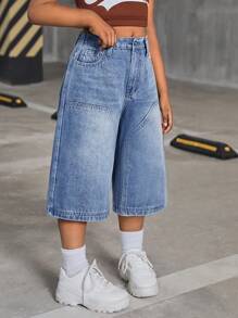 SHEIN Tween Girls Y2K 2000s Retro Washed Baggy Causal Denim Wide Leg Knee Length Jeans Shorts,Girls Spring Summer Boho Concert Rave Festival Clothes Back To School Streetwear Outfits