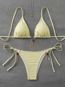 SHEIN Swim Spring Break Textured Summer Women Beachwear Outfit, Sexy Halter Circular Ring Embellished Triangle Top Bikini Set, Festival Boho Style - Yellow - View 6