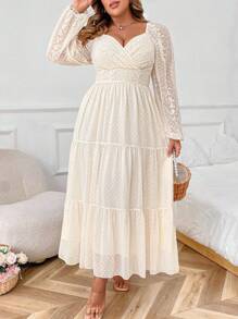 SHEIN PETITE Plus Size Women's Elegant Layered Ruffled Shoulder Short Sleeve Floral Embroidery Chiffon Dress, Suitable For Casual Gathering, Wedding, Spring/Summer