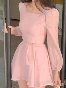 DAZY 女式短款圆领长袖粉色迷你连衣裙，春夏秋季太阳裙