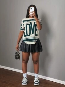 Slaydiva Áo thun họa tiết thời trang đường phố dành cho nữ mùa xuân và mùa hè mới thường ngày đường phố màu mơ sọc xanh lá cây in khẩu hiệu chữ tình yêu áo phông nữ - Màu be - Xem 5