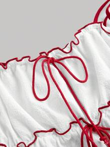 SHEIN MOD 红白可爱夏季背心撞色边饰女士夏季吊带背心、挤奶女工风格、舒适背心 - 紅色 - 查看 3