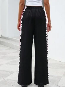 INAWLY Women's Casual Leopard Print Patchwork Wide Leg Sweatpants, Suitable For Autumn/Winter