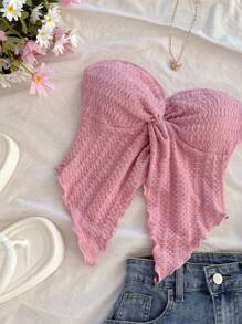 Soleia Top cómodo de gasa con abertura frontal, textura de tela, sin tirantes, ideal para uso casual y romántico en vacaciones, para tomar el té por la tarde dentro o fuera, de vuelta a la escuela