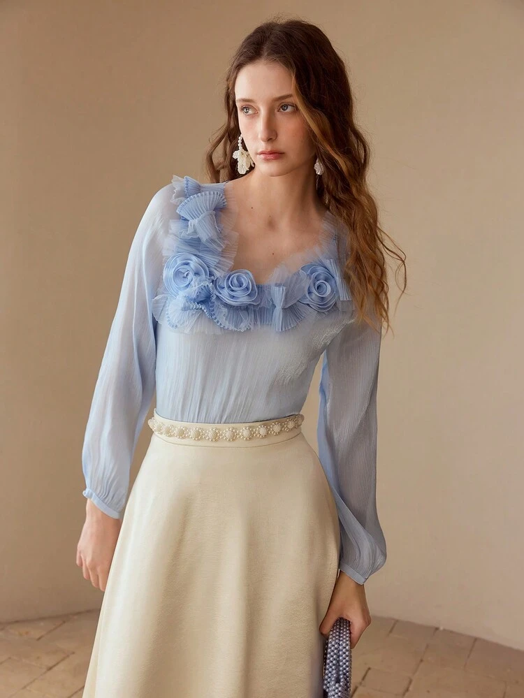 STEREO FLORAL RUFFLE TRIM SHEER TOP,SPRING/SUMMER