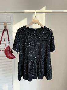 CovetEZ Plus Size Women's Round Neck Patchwork A-Line Solid Color Doll Dress T-Shirt - Black - View 5