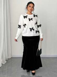 SHEIN Unity Plus Size Women's Bow Knot Pullover Long Sleeve Sweater Knit Pullover Fall Winter Sweater - White - View 5