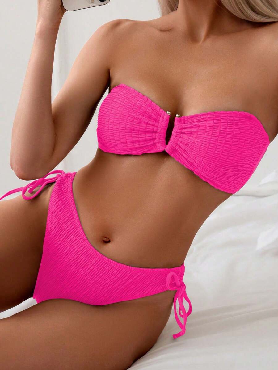 SHEIN Swim Women's Solid Color Sexy Bandeau Bikini Set, Swimwear, For Summer Beach Vacation - Pink - View 1