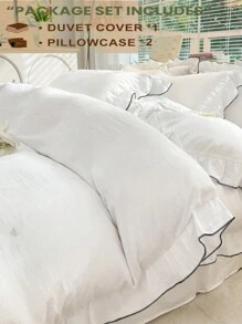 Juego de 3 piezas de ropa de cama con borde floral blanco para dormitorio, 2 fundas de almohada y 1 cubierta de edredón, lavable a máquina, sin relleno