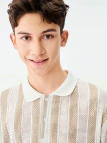 SHEIN 1pc Oversized Textured Knit Polo Shirt For Teenage Boys, American Streetwear Style, Vintage Collar T-Shirt, Suitable For School, Travel, Daily Wear, Skateboarding, Music Festivals, Clean Fit - White - View 5