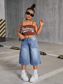 SHEIN Tween Girls Y2K 2000s Retro Washed Baggy Causal Denim Wide Leg Knee Length Jeans Shorts,Girls Spring Summer Boho Concert Rave Festival Clothes Back To School Streetwear Outfits