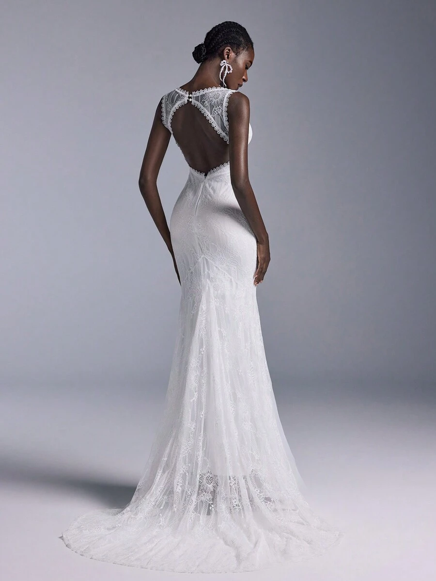 Elitara 高贵典雅纯白深V领口蕾丝性感露背浪漫女纯色弹力蕾丝拼接网纱鱼尾鱼尾大摆拖尾婚纱新娘礼服 - 米色 - 查看 1