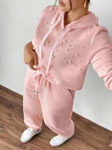 INAWLY Plus Size Women 2 Pieces Set - Solid Color Beaded Decorated Sweatshirt And Pants - Pink - View 3