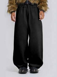 Manfinity Dauomo Men's Solid Color Elastic Waist Loose Wide Leg Sweatpants - Black - View 1