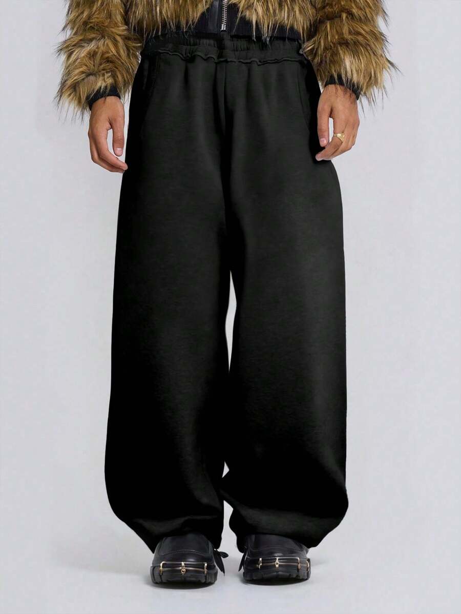 Manfinity Dauomo Men's Solid Color Elastic Waist Loose Wide Leg Sweatpants - Black - View 1
