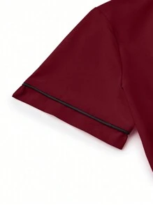 TaskEZ 2pcs Contrast Trim Casual Short Sleeve Top And Solid Color Pants Uniform Set, Scrub Sets - Burgundy - View 5