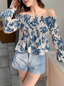 DAZY Blouse met off-shoulder bloemenprint en ruches voor dames