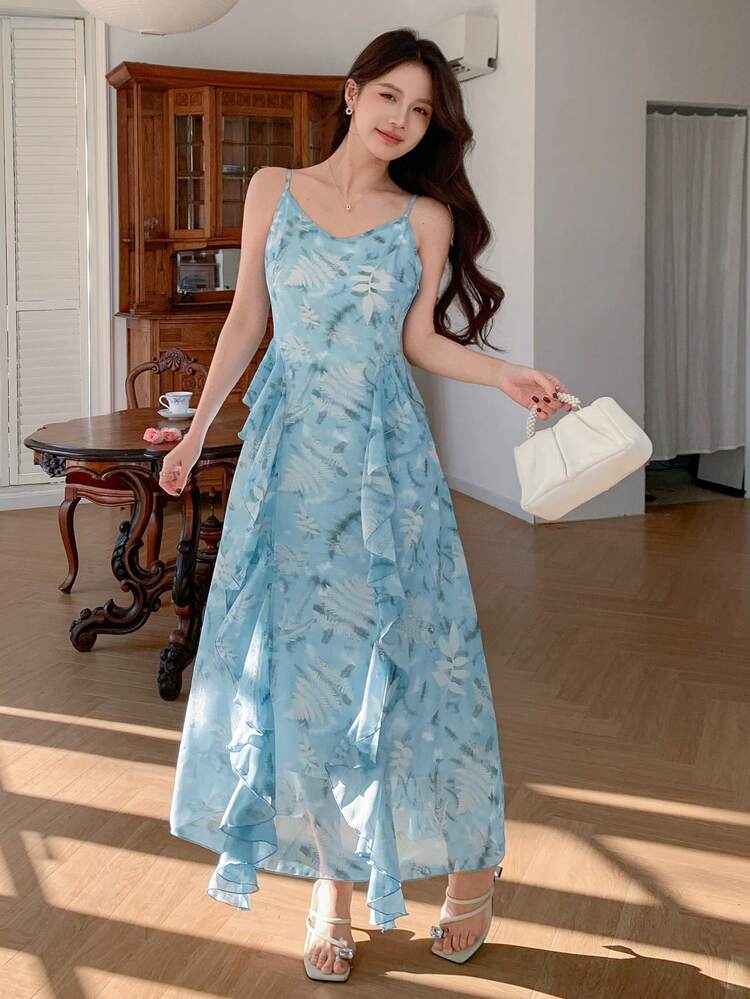 2pcs Women Elegant Floral Print Long Sleeve Top And Cami Dress Set