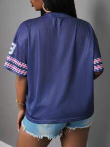 Slaydiva 新款春夏休闲街头V领落肩七分袖23印花条纹海军蓝撞色粉色网眼印花女加大码T恤-B - 藏蓝色 - 查看 3