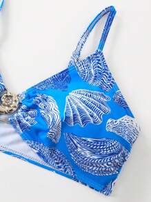 SHEIN Swim Curve Summer Plus Size 3Pcs Women's Adjustable Strap Bikini Set, Random Printed Cover Up, Ocean Shell Metal Accent, Casual Beach Holiday