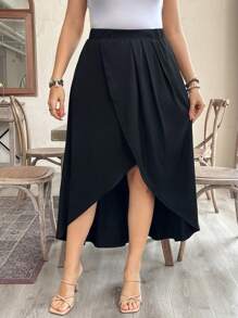 Breezaya Falda midi plisada con envoltura plisada en talla grande - Negro - Ver 4