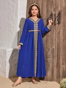 SHEIN Leap Crew Tween Girls Casual Woven Gold Ribbon Inspired V-Neck Long Sleeve Dress, Suitable For Ramadan - Royal Blue - View 3