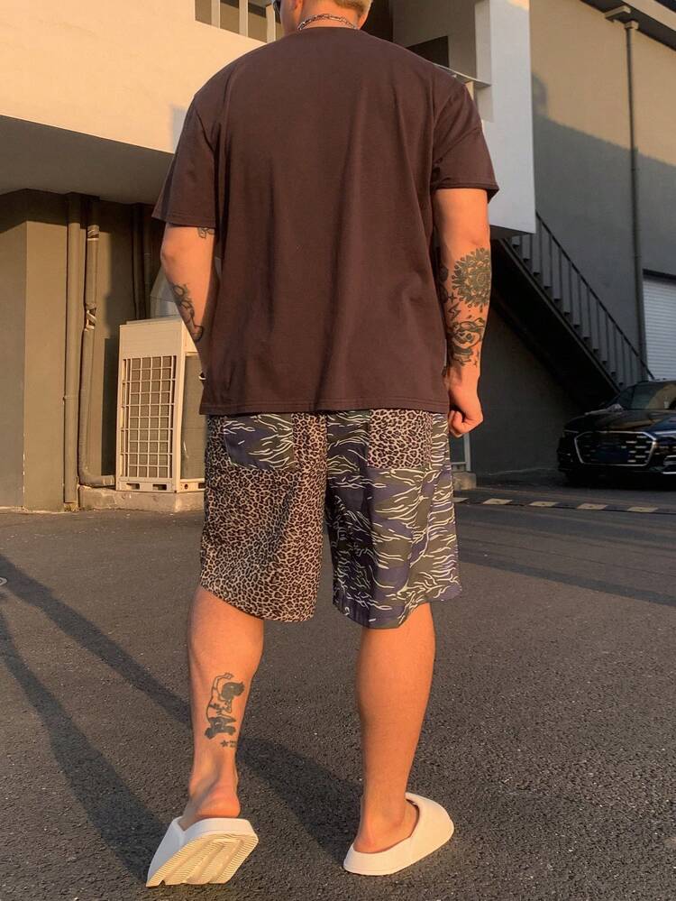 Summer Men's Letter Printed T-Shirt & Leopard Print Shorts Set, Vacation Style