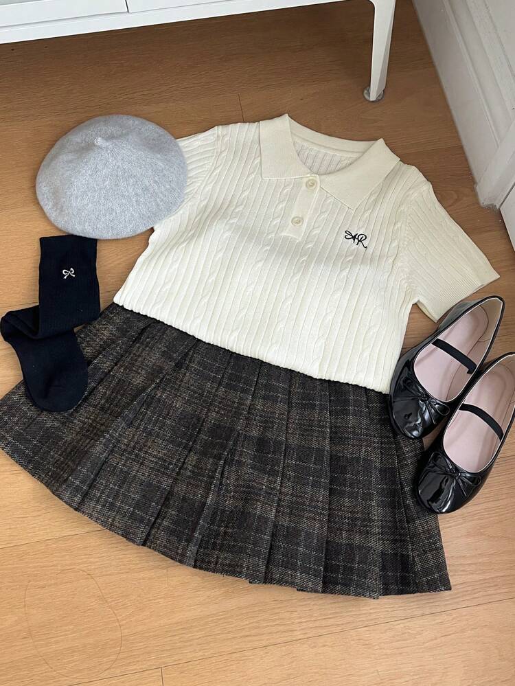 Tween Girl Pattern Polo Collar Short Sleeve Casual Knit Sweater, Summer, Back To School